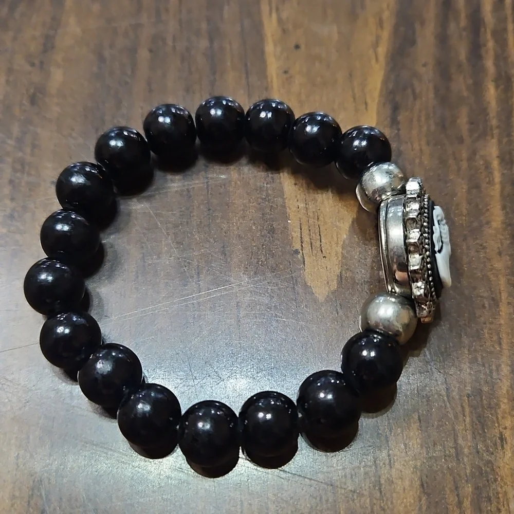 Black Beaded Bracelet with Cameo Charm